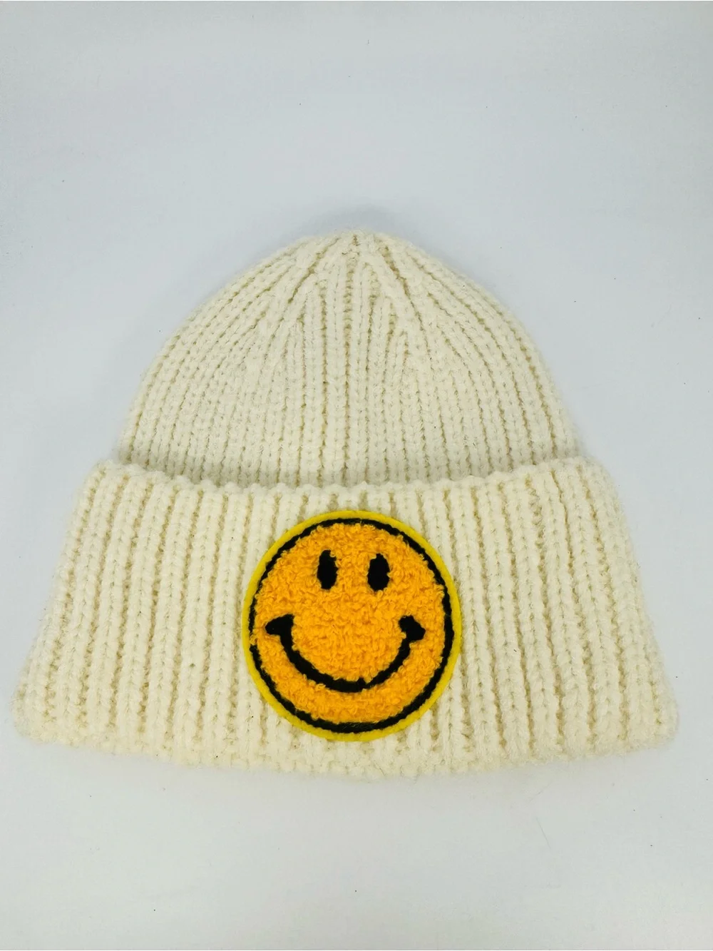 Happy Face Patch Beanie Off White Winter Knit Hat Adult